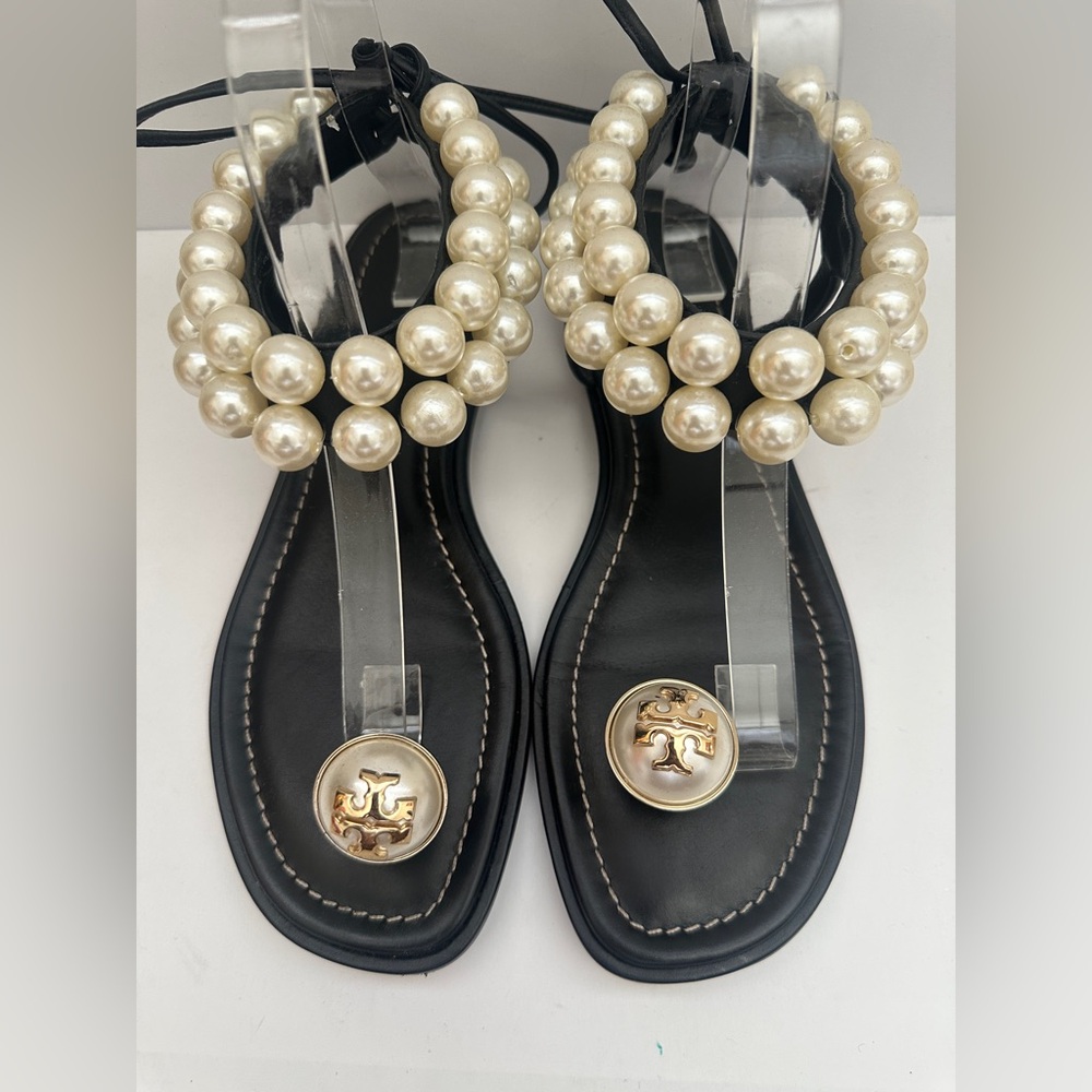 Tory Burch Melody black leather sandals gold-tone hardware pearl accents Sz 38